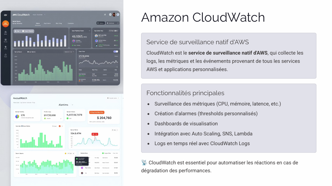 Formation AWS Architecture – Lance ton cloud Amazon sécurisé en 7 jours 65 Surveille en temps réel l’état de ton infrastructure avec AWS CloudWatch : logs, métriques, alarmes et alertes intelligentes.