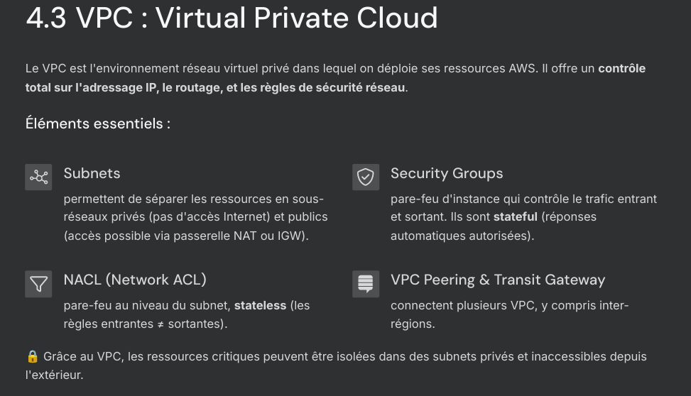 Formation AWS Architecture – Lance ton cloud Amazon sécurisé en 7 jours 67 Comprends la structure d’un réseau privé dans AWS (VPC), avec sous-réseaux, routage, NACL, security groups et peering.