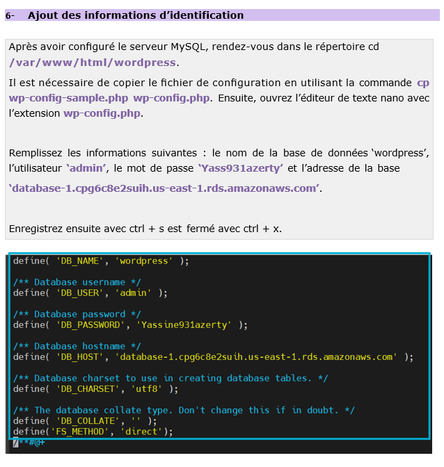 Formation AWS Architecture – Lance ton cloud Amazon sécurisé en 7 jours 23 Ajout du nom de base, utilisateur et mot de passe dans wp-config.php pour connecter WordPress à AWS – Volume 3 Blysor
