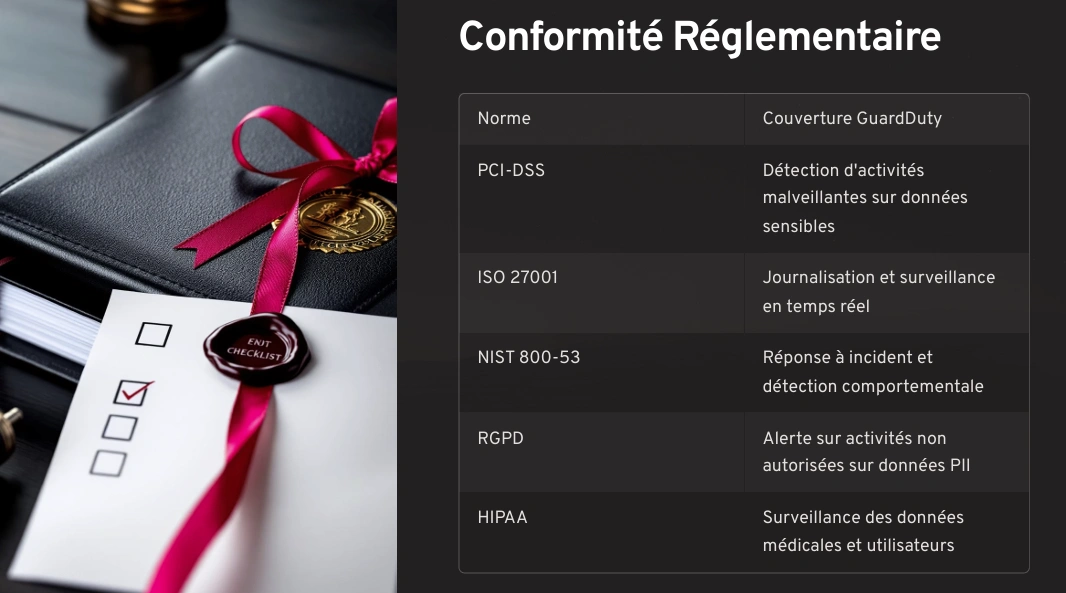Formation AWS Architecture – Lance ton cloud Amazon sécurisé en 7 jours 57 Tableau de conformité GuardDuty avec les normes PCI-DSS, ISO, NIST, RGPD, HIPAA