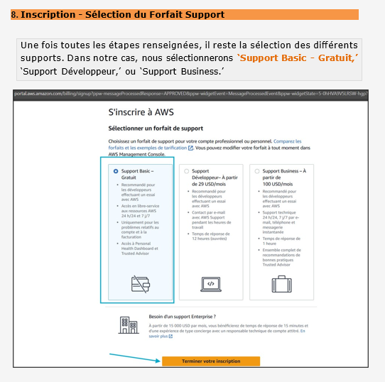 Formation AWS Architecture – Lance ton cloud Amazon sécurisé en 7 jours 11 Choix du type de support AWS lors de l’inscription – Volume 1 formation cloud débutant Blysor