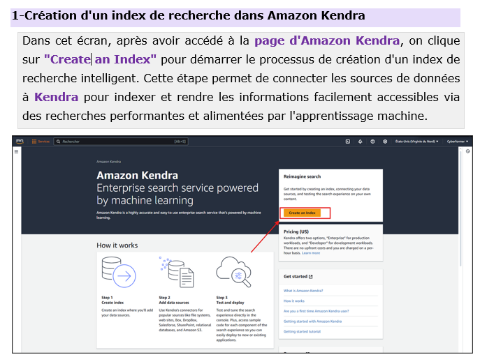 Formation AWS Architecture – Lance ton cloud Amazon sécurisé en 7 jours 47 Page de configuration de l’index Amazon Kendra – Volume 7 formation IA et cloud AWS
