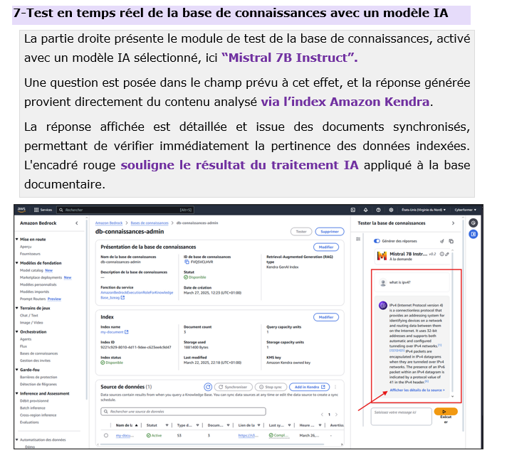 Formation AWS Architecture – Lance ton cloud Amazon sécurisé en 7 jours 49 Requête Amazon Bedrock interrogeant une base de connaissance connectée – Volume 6 formation IA Blysor