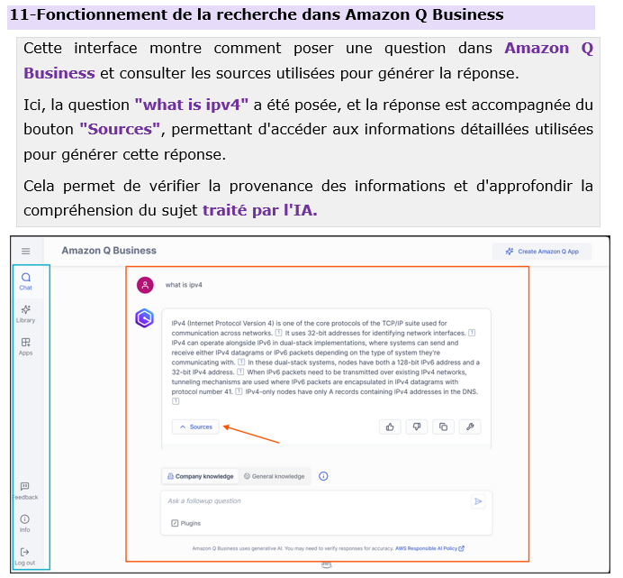 Formation AWS Architecture – Lance ton cloud Amazon sécurisé en 7 jours 51 Exemple de requête dans Amazon Q connecté à Amazon Kendra et Bedrock – Volume 7 formation IA cloud Blysor